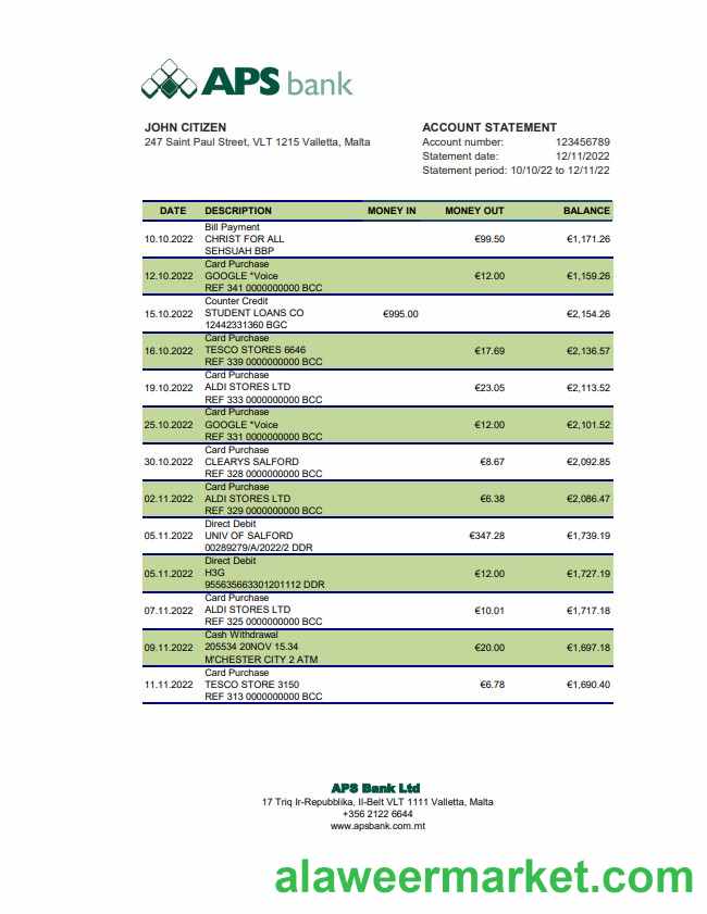 Malta APS bank statement xls